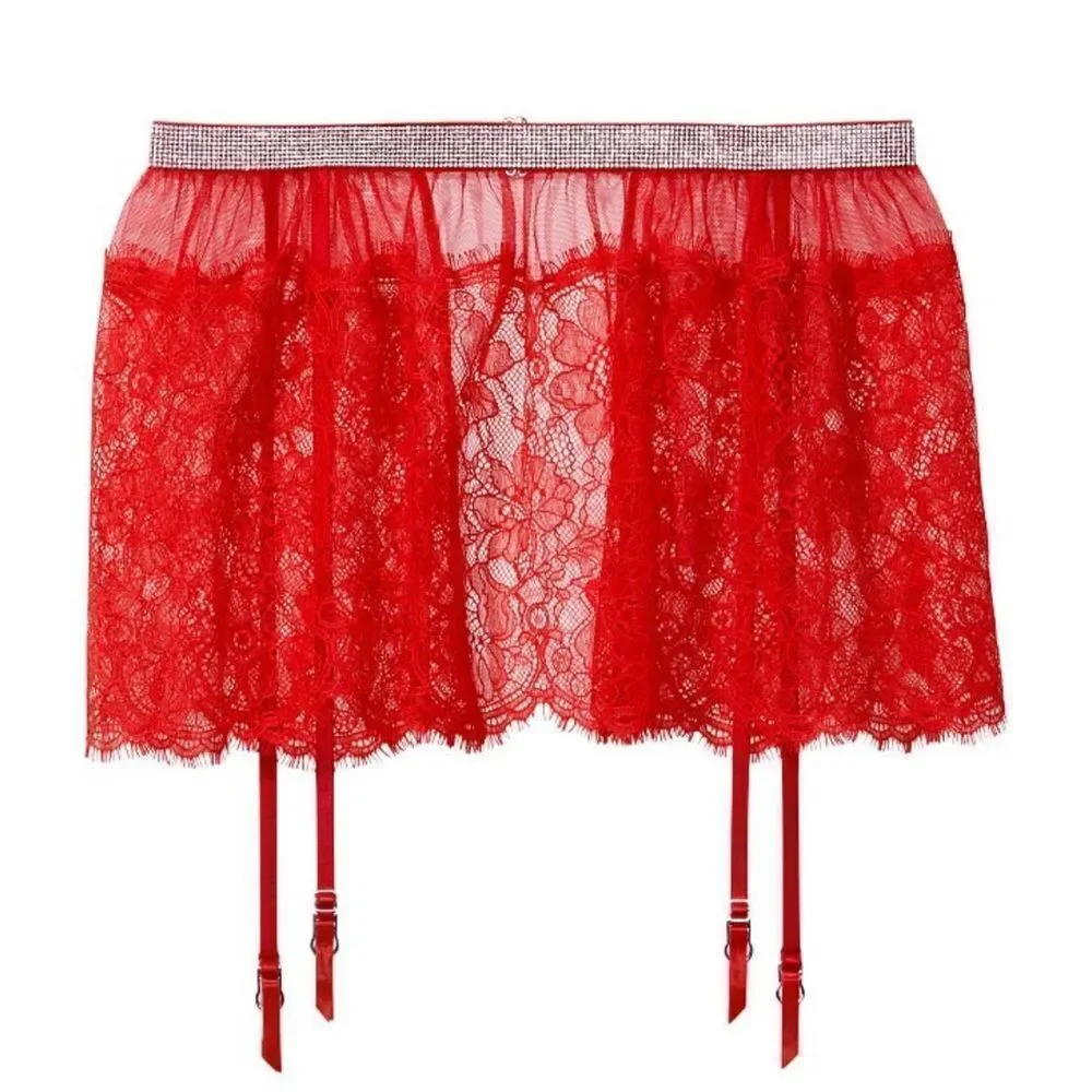 Victoria’s Secret Sexy Bling Rhinestone Shine Lace Skirt garter belt Red Xs / S